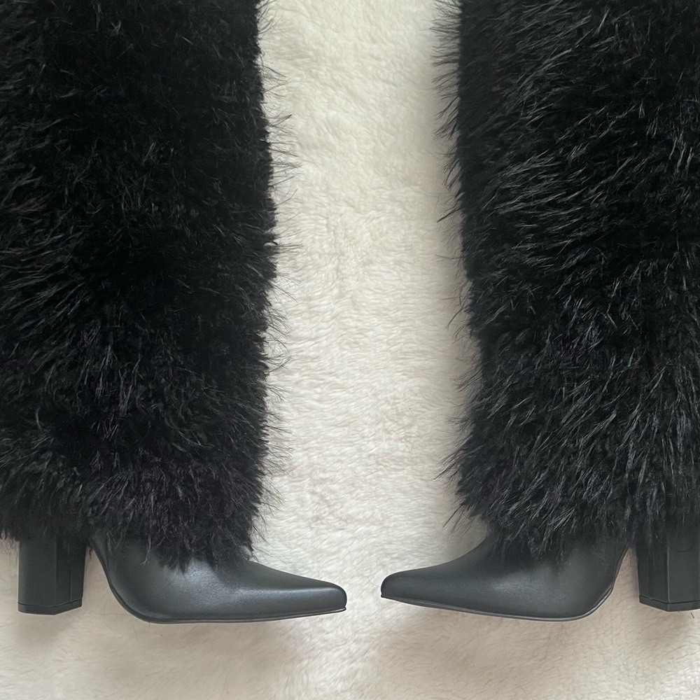 SHEIN Black Heeled Boots with Plush Fur Trim